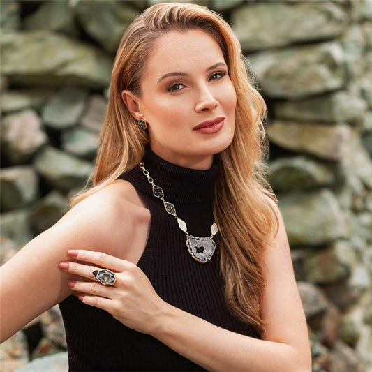 Conjunto Possebon Folheado a Ouro - Pedra Natural