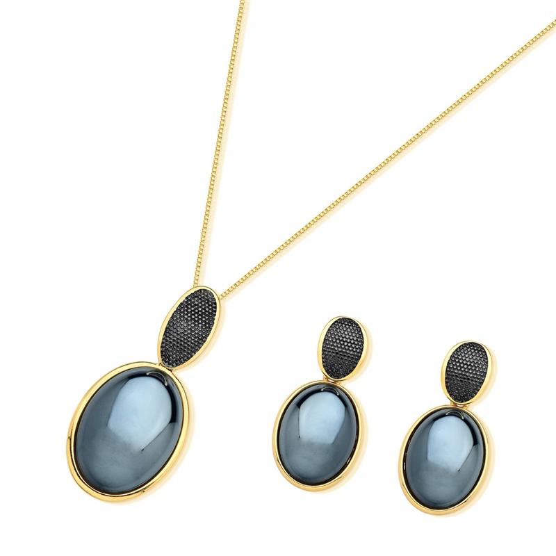 Conjunto Brilhato folheado a ouro e ródio negro com pedra oval perolada - foto 1