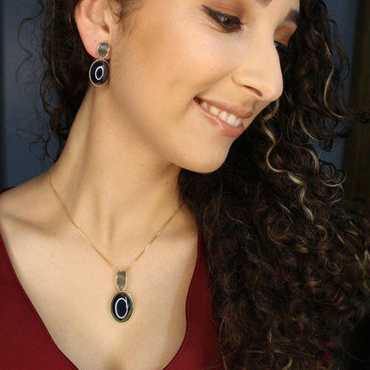 Conjunto Brilhato folheado a ouro e ródio negro com pedra oval perolada - foto 2