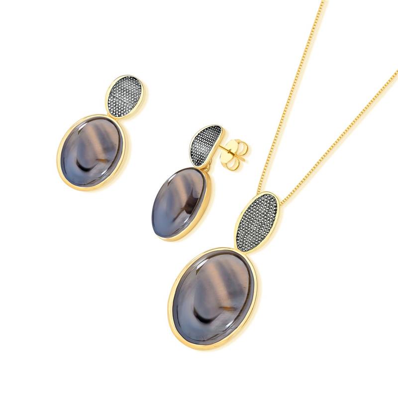 Conjunto Brilhato folheado a ouro e ródio negro com pedra oval perolada - foto 9