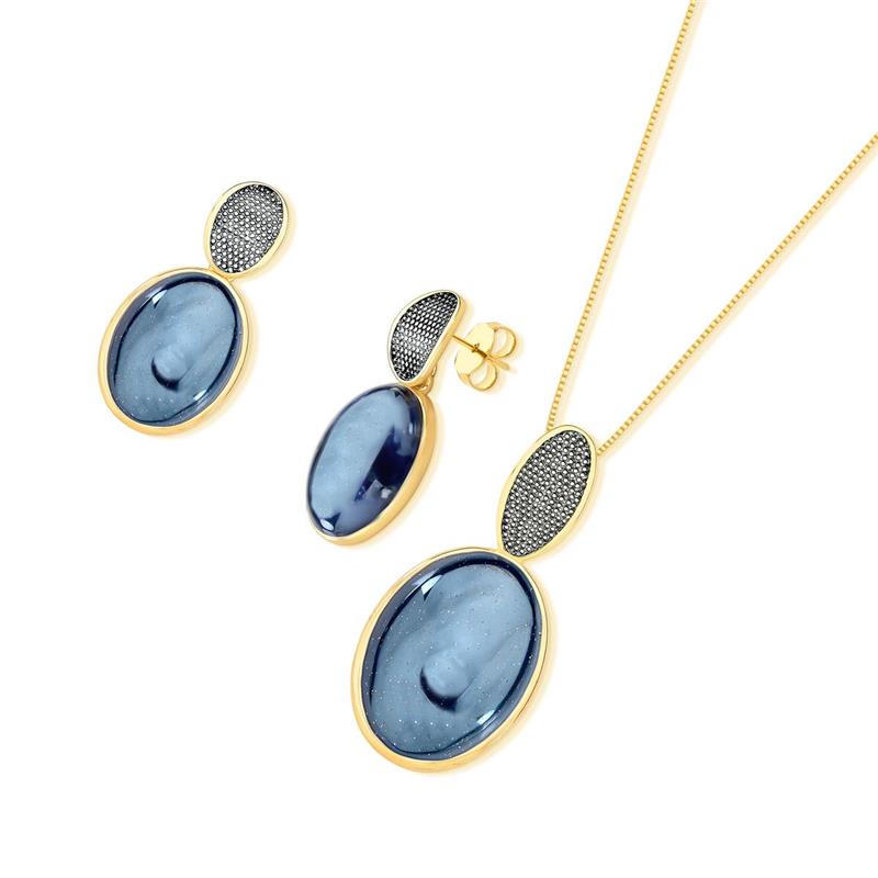 Conjunto Brilhato folheado a ouro e ródio negro com pedra oval perolada - foto 11