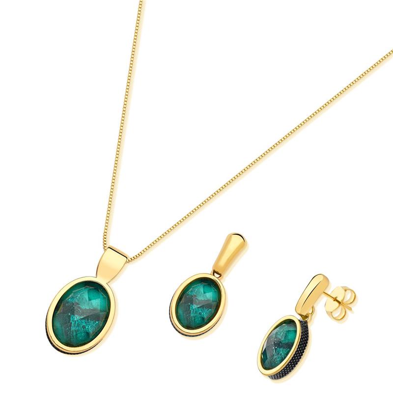 Conjunto Brilhato Pedras Naturais Brasileiras — Folheado a Ouro — HEMATITA
