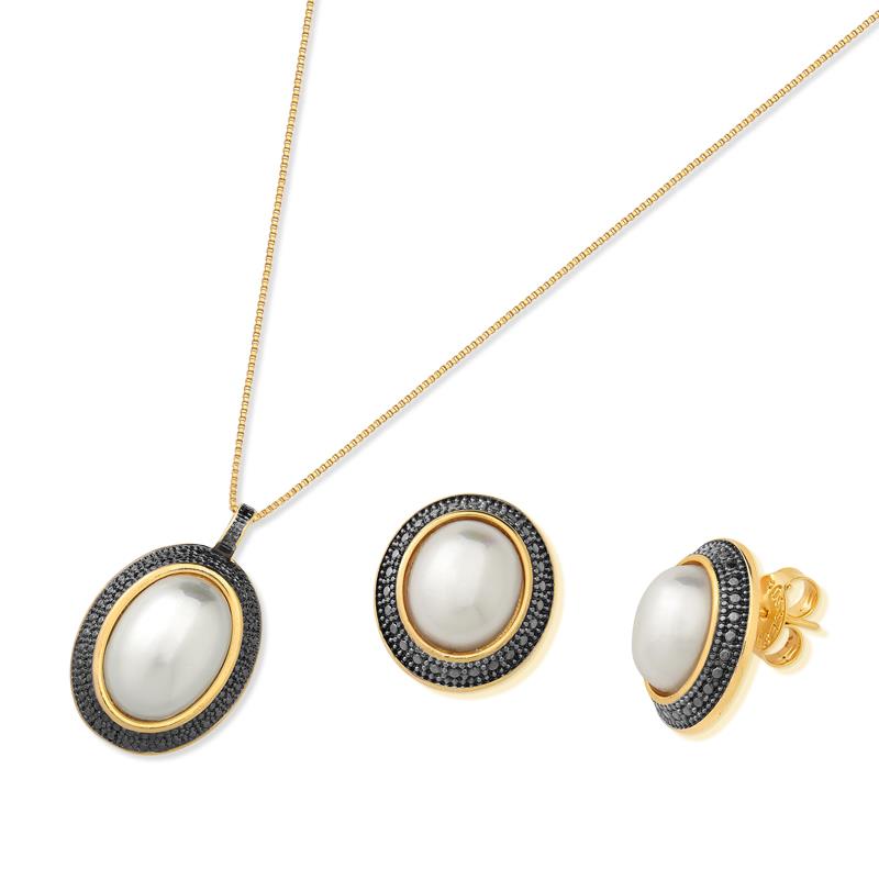 Conjunto Brilhato folheado a ouro com ródio negro e pérolas shell — referência 031256503