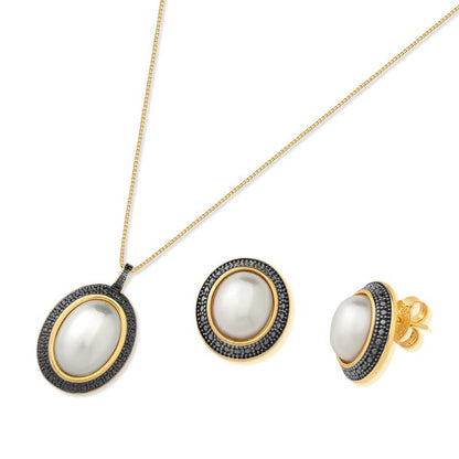 Conjunto Brilhato folheado a ouro com ródio negro e pérolas shell — referência 031256503