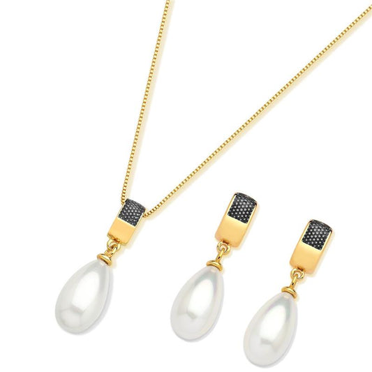 Conjunto Brilhato folheado a ouro com ródio negro e pérolas shell — referência 031256881