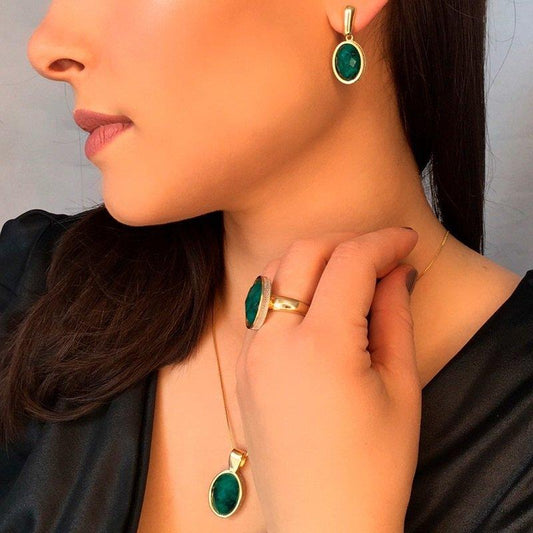 Conjunto Brilhato Pedras Naturais Brasileiras — Folheado a Ouro — HEMATITA
