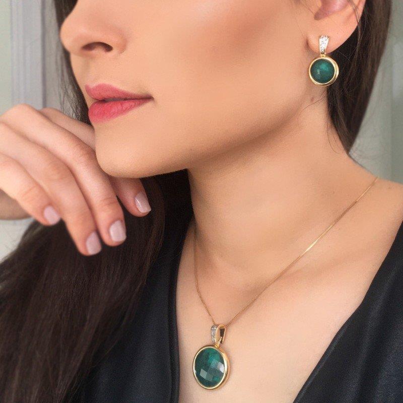 Conjunto Brilhato Pedras Naturais Brasileiras — Folheado a Ouro — HEMATITA