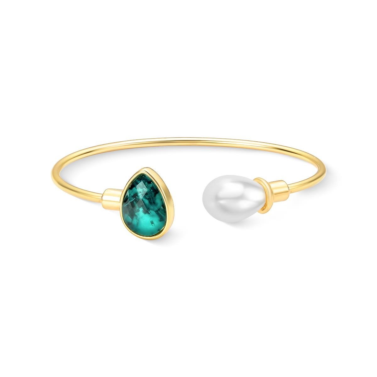 Pulseira folheada a ouro pérola shell branca e esmeralda Coleção Preciosa