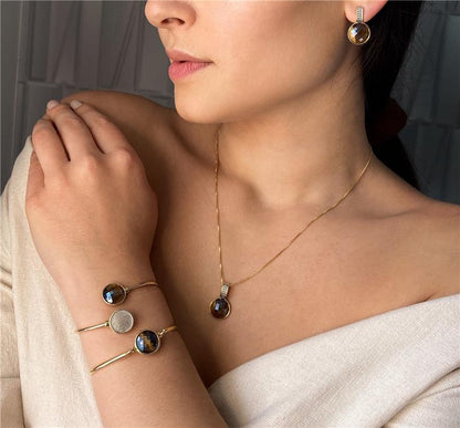 Pulseira Possebon Folheada a Ouro e Ródio Branco - Pedra Natural Quartzo Rosa