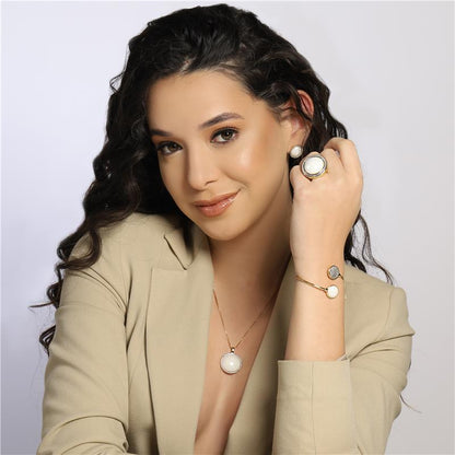 Pulseira Possebon Folheada a Ouro e Ródio Branco - Pedra Natural Quartzo Rosa