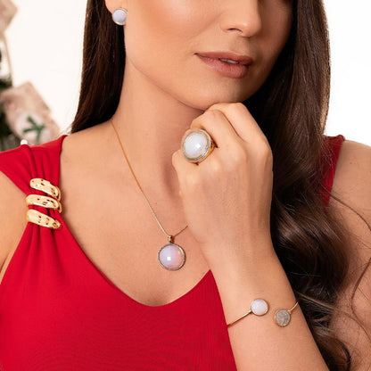 Pulseira Possebon Folheada a Ouro e Ródio Branco - Pedra Natural Quartzo Rosa