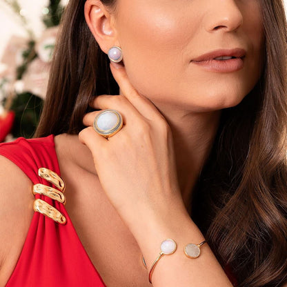 Pulseira Possebon Folheada a Ouro e Ródio Branco - Pedra Natural Quartzo Rosa