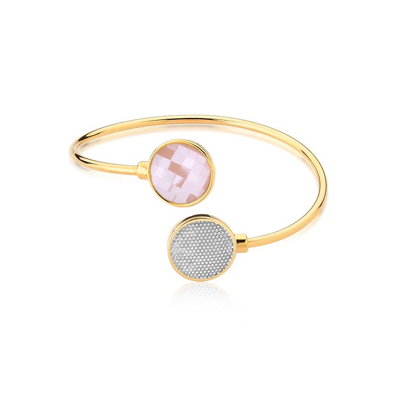 Pulseira Possebon Folheada a Ouro e Ródio Branco - Pedra Natural Quartzo Rosa