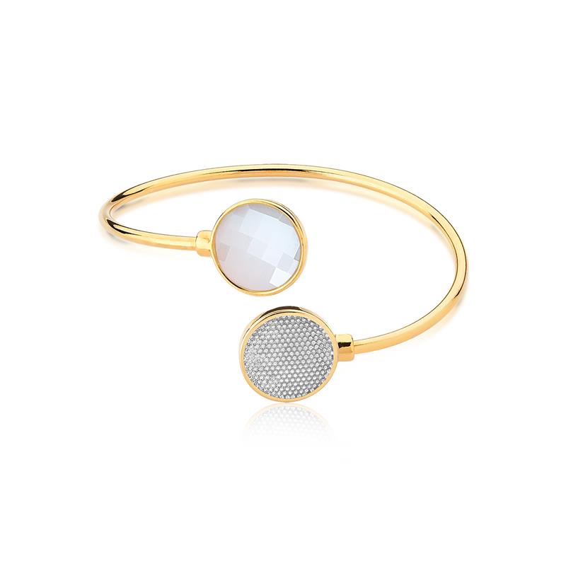 Pulseira Possebon Folheada a Ouro e Ródio Branco - Pedra Natural Quartzo Rosa